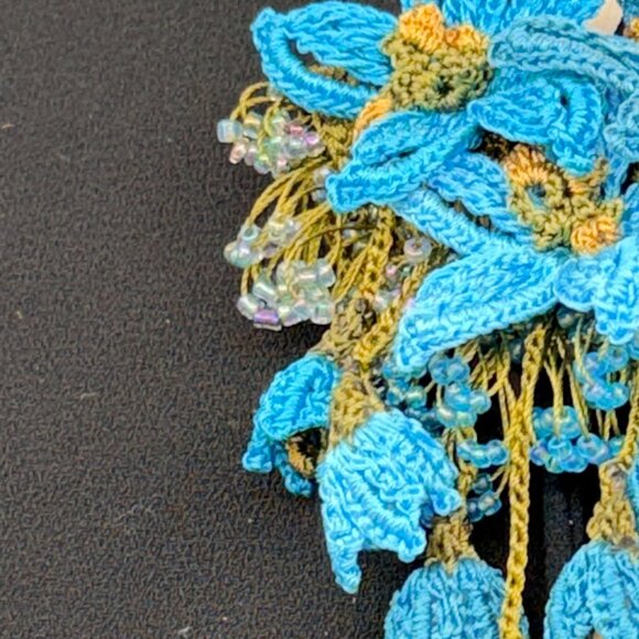 Collectable Traditional Turkish Brooch Oya Blue Needle Lace & Beading - Picture 4 of 8